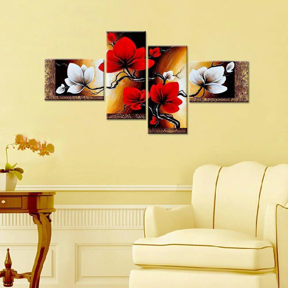 Beautiful Flower Art 4 Pieces MDF Framed Canvas Wall Painting  for Home Living Room, Bedroom, Office Wall Decoration