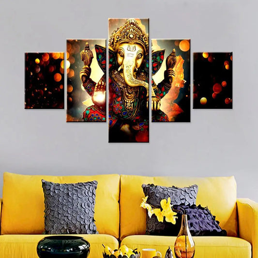 Lord Ganesha Religious 5 Panel Framed Canvas Wall Painting for Living Room, Bedroom, Office Wall Decoration