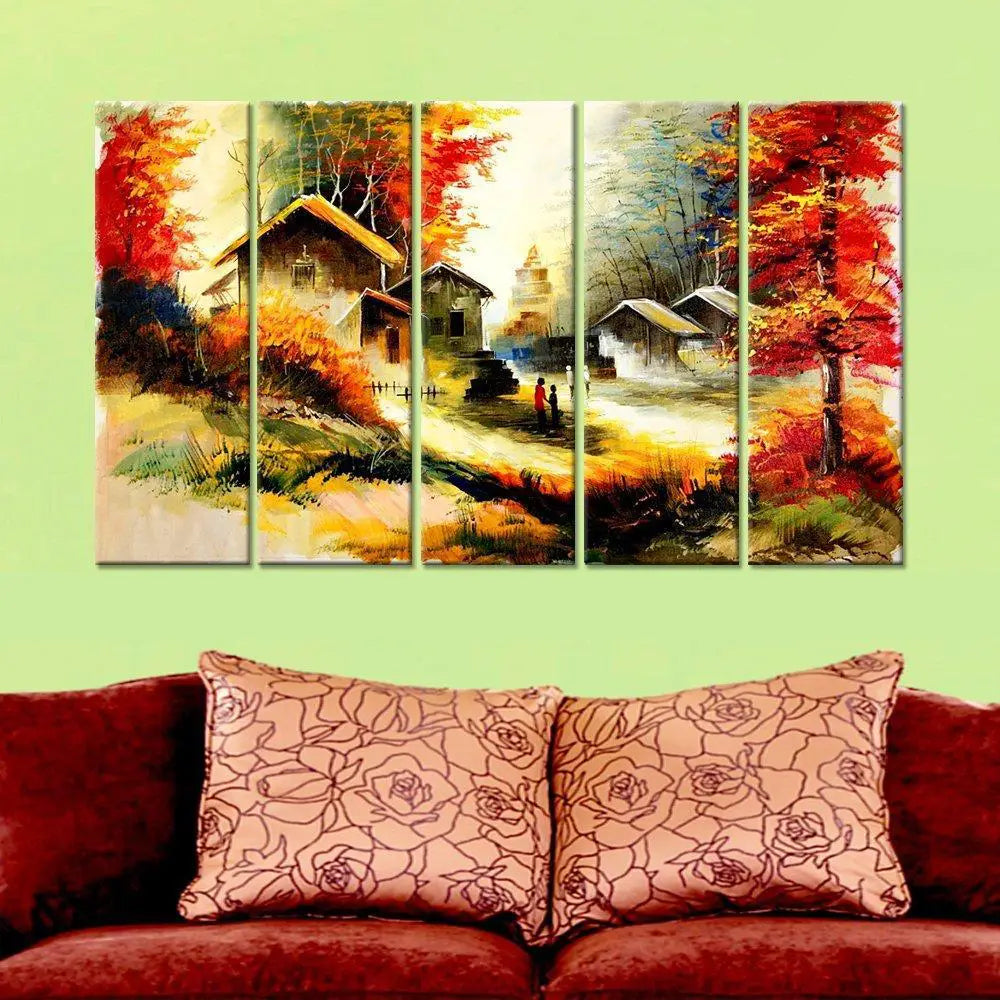 Beautiful Forest House Nature Scenery Multi Framed Canvas Wall Painting for Living Room, Bedroom, Office Wall Decoration(24" H x 8" W Each panel)