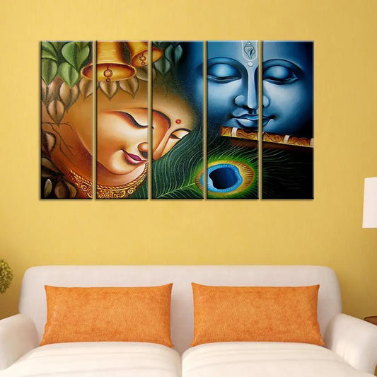 Radiant Devotion 5 Pieces Colorful Radha Krishna Spiritual Canvas Wall Painting for Living Room Bedroom and Office Decoration