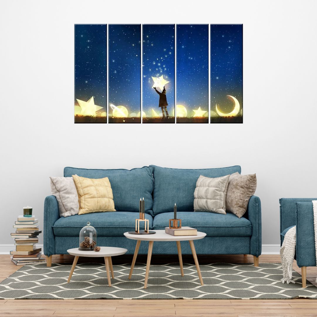 Enchanting Moon and Stars Fantasy 5 Piece Multi Frame Canvas Print Wall Painting For Home and Office Decoration