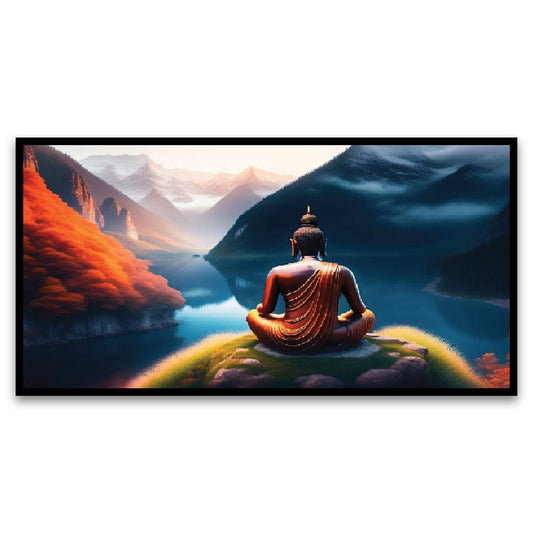 Buddha Sitting on a Rock Overlooking a Lake Floating Frame Canvas Wall Painting