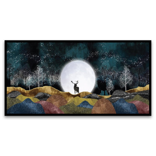 Beautiful Deer in Moonlight Forest Floating Frame Canvas Wall Art Painting