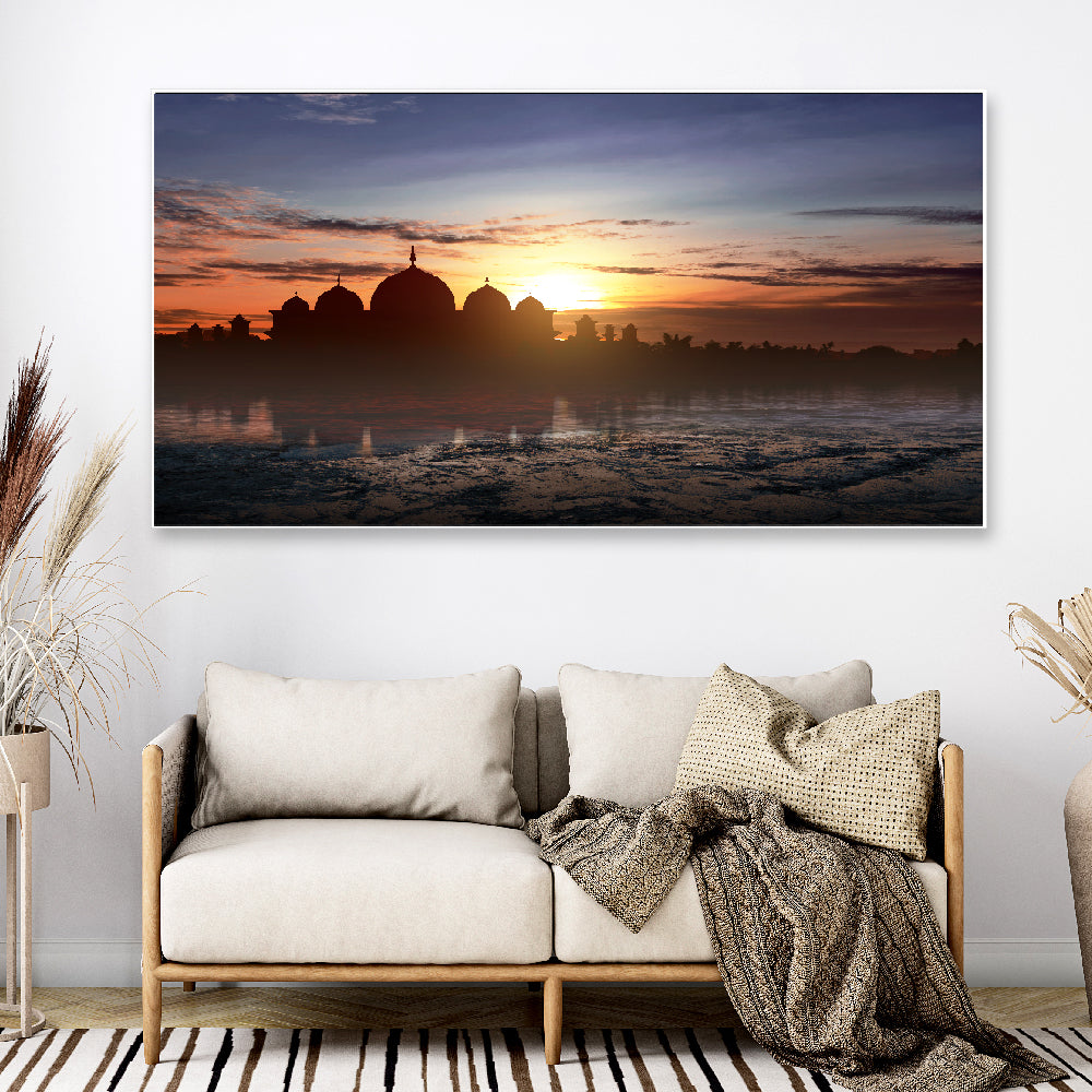 Beautiful Sunset Evening View silhouette of a mosque Floating Frame Canvas Print Wall Painting