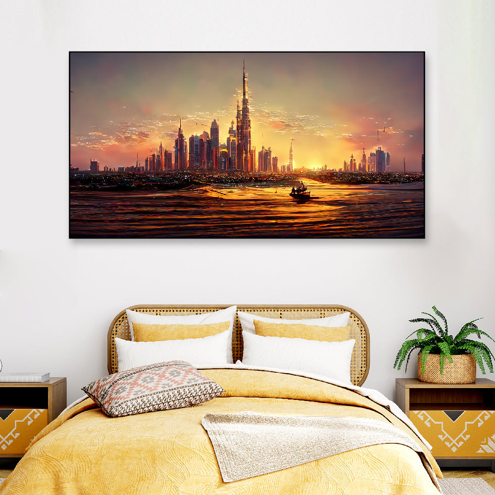 Dubai Amazing City Center Skyline with Luxury Skyscrapers Floating Frame Landscape Canvas Wall Painting
