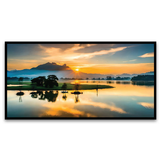 Beautiful Nature Sunrise Over a Lake with Mountains Canvas Framed Wall Painting