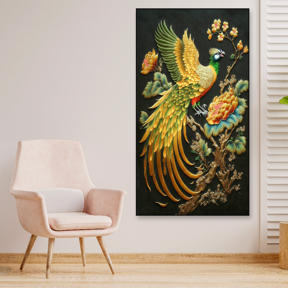 Beautiful Golden Bird Sitting on Top of a Flower Tree Branch Canvas Framed Wall Painting