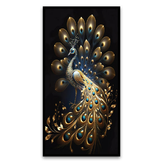 Panoramic Golden Peacock Design Canvas Framed Wall Painting