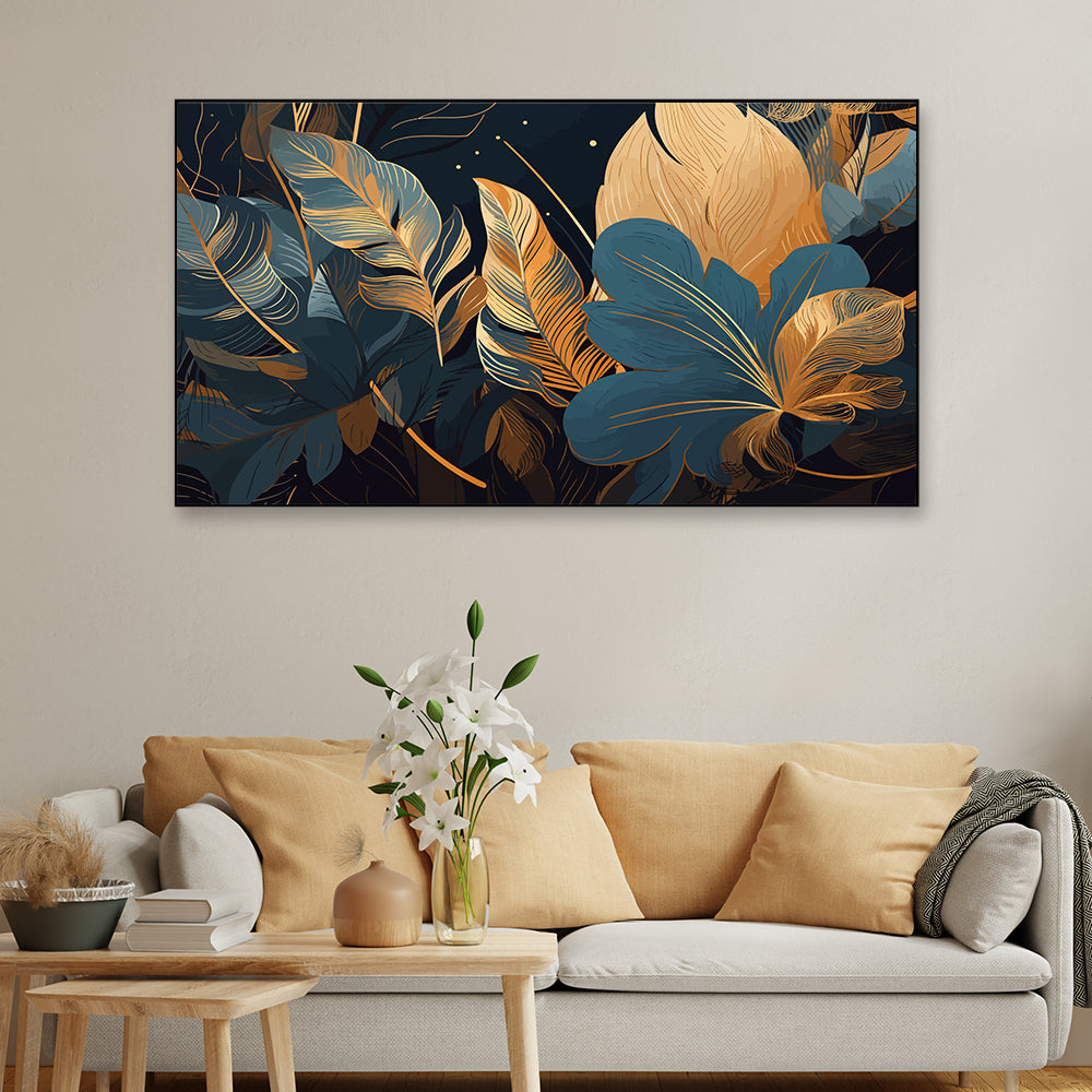 Canvas with Acrylic Painting for Wall Decoration Art Prints Golden Tropical leaves Floating Frame Wall paintings