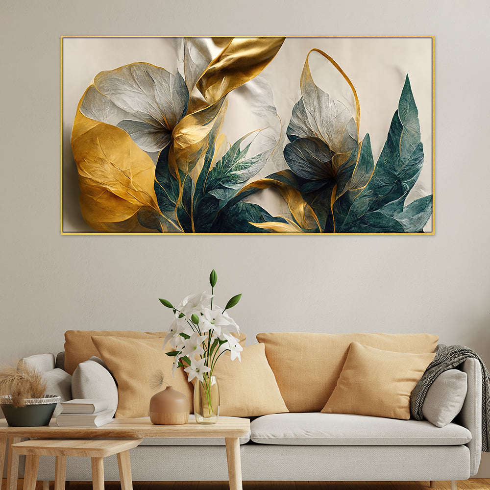 Canvas Floral Painting for Bedroom Living Room Wall Decoration Abstract Elegant Golden Flower Floating Frame Wall Paintings