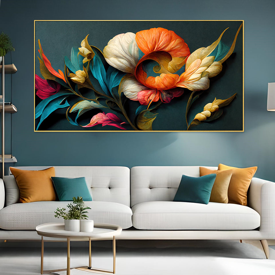 Canvas Floral Painting for Living Room Wall Decoration Elegant Flowers Illustration Floating Frame Painting