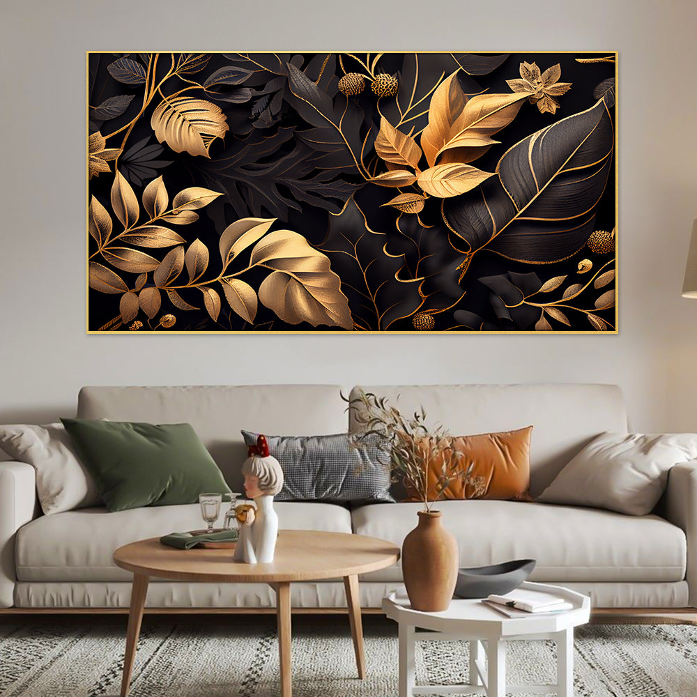 Canvas Floral Painting for Living Room Wall Decoration Beautiful Golden Leaf Illustration Floating Frame Wall Art Painting