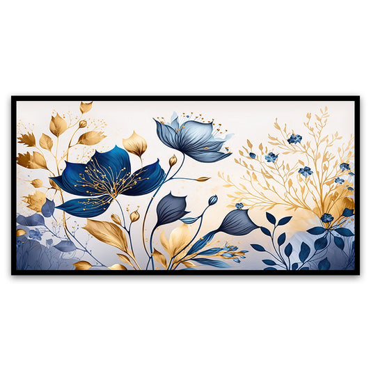 Canvas Painting for Bedroom Living Room Wall Decoration Beautiful Golden Blue Flowers Art Print Floating Frame Canvas Painting
