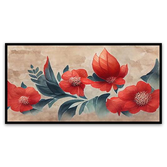 Floating Frame Wall Painting Red Flower Background with Japanese Floral Pattern 3d Illustration Canvas Painting