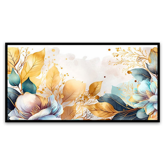 Golden Leaves Blue Flower Modern Art Canvas Painting for Bedroom Living Room Wall Decoration Floating Frame Canvas Painting