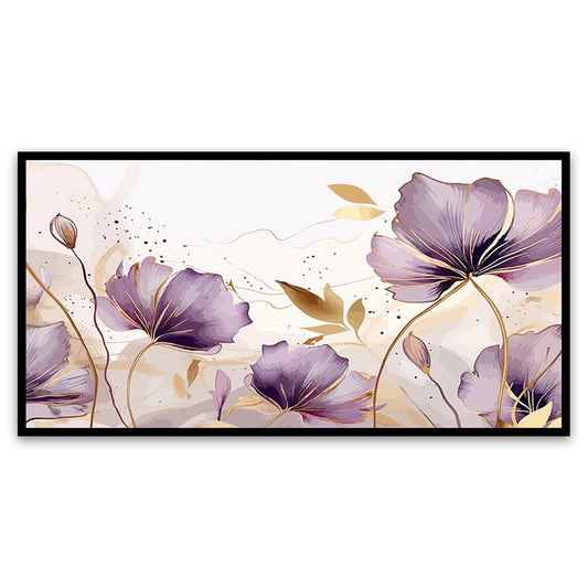Spring Purple Flower with Golden Leaves Canvas Painting for Bedroom Living Room Wall Decoration Floating Frame Canvas Painting