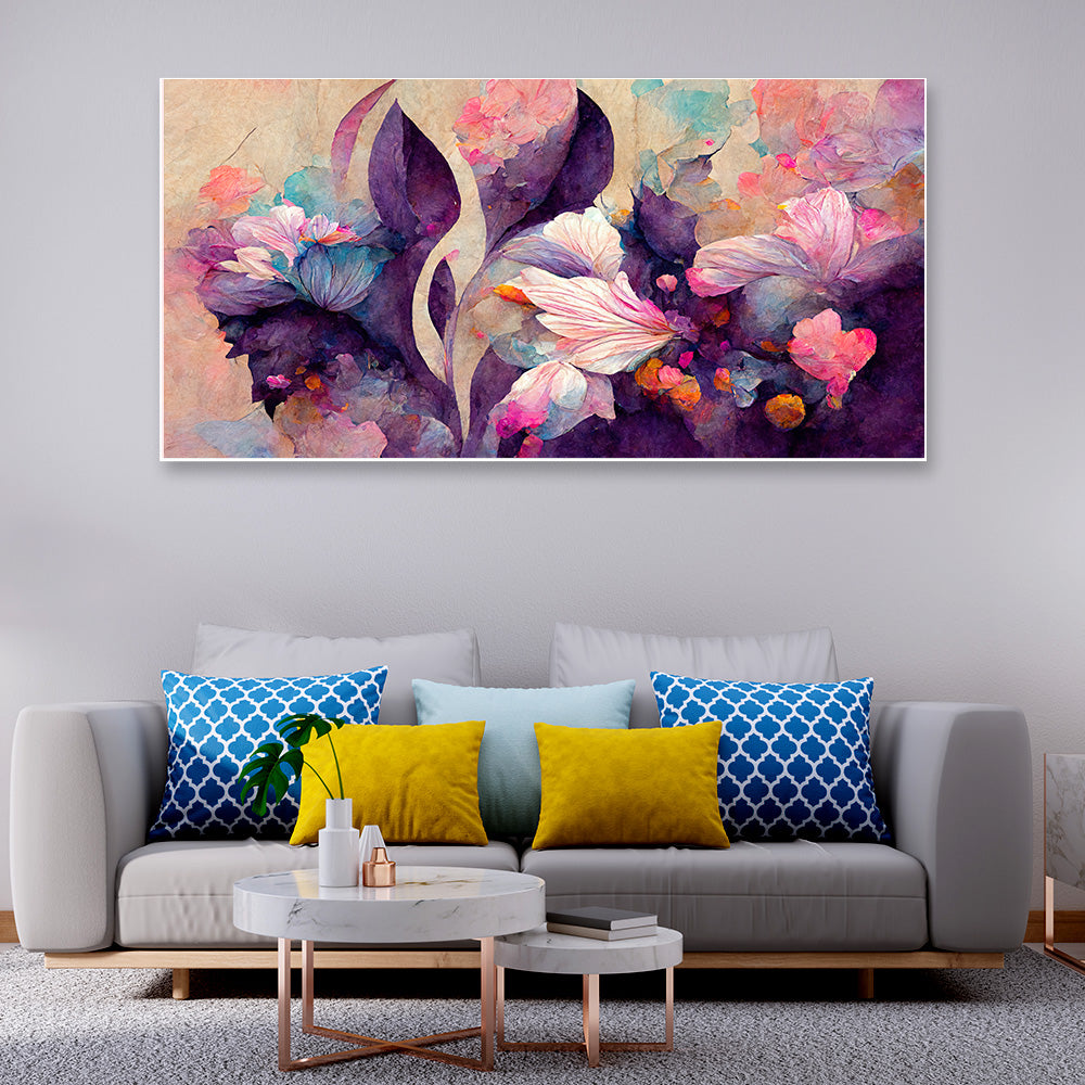 Dreamy blooms in pink and purple dance on a canvas art.