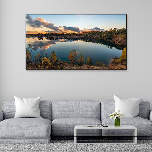 Dusky lake ablaze with silent trees canvas art.