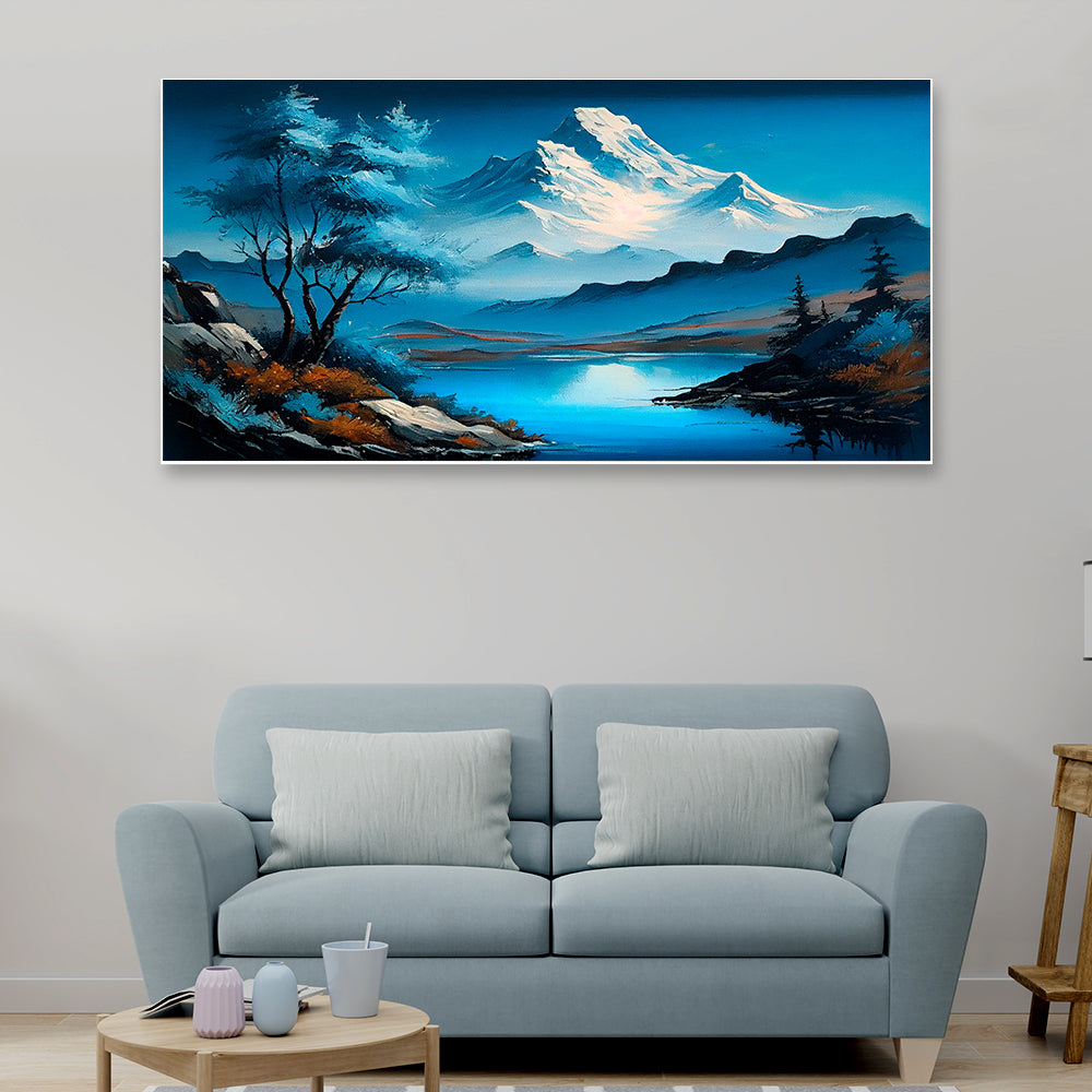 Mountain shape mirrored in serene lake canvas art.