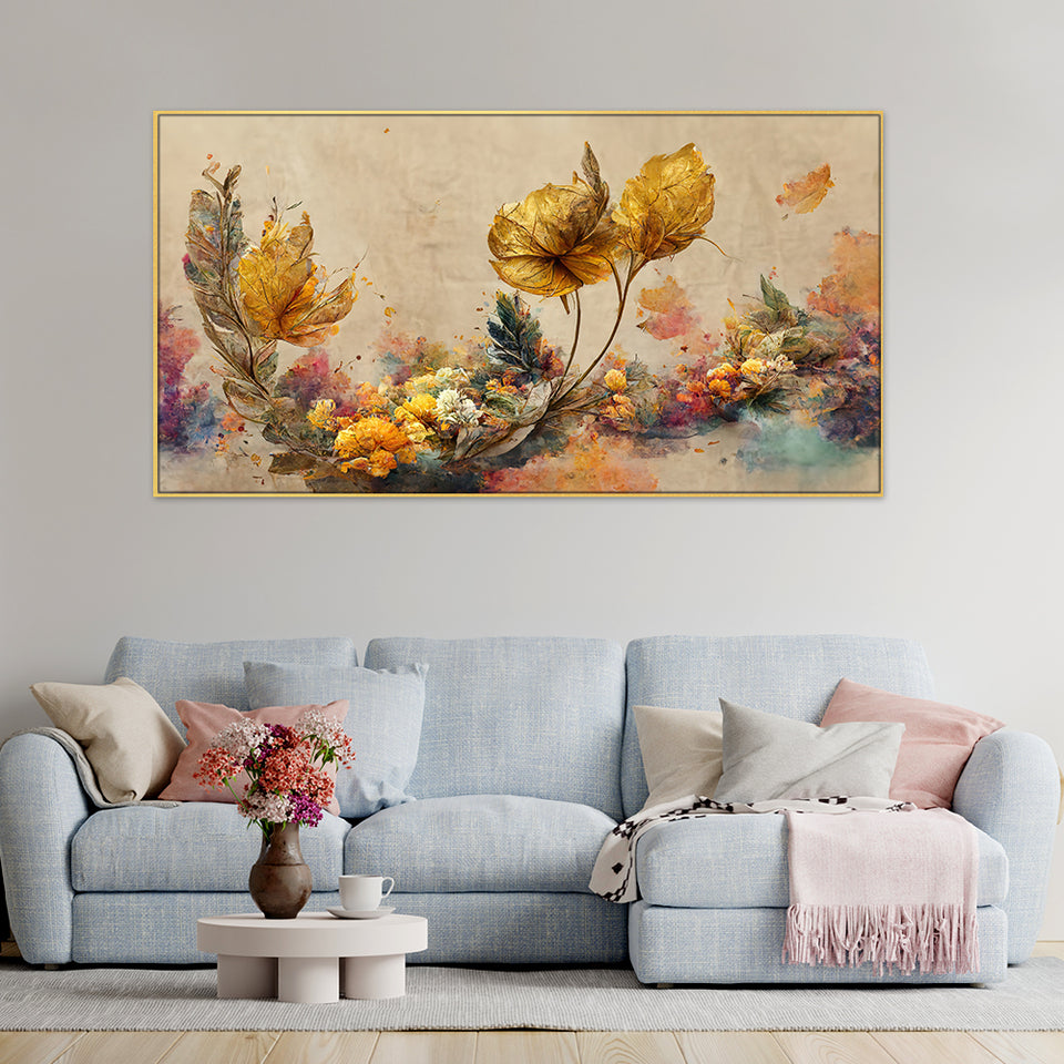 Blooming gold reflect on a floral canvas.