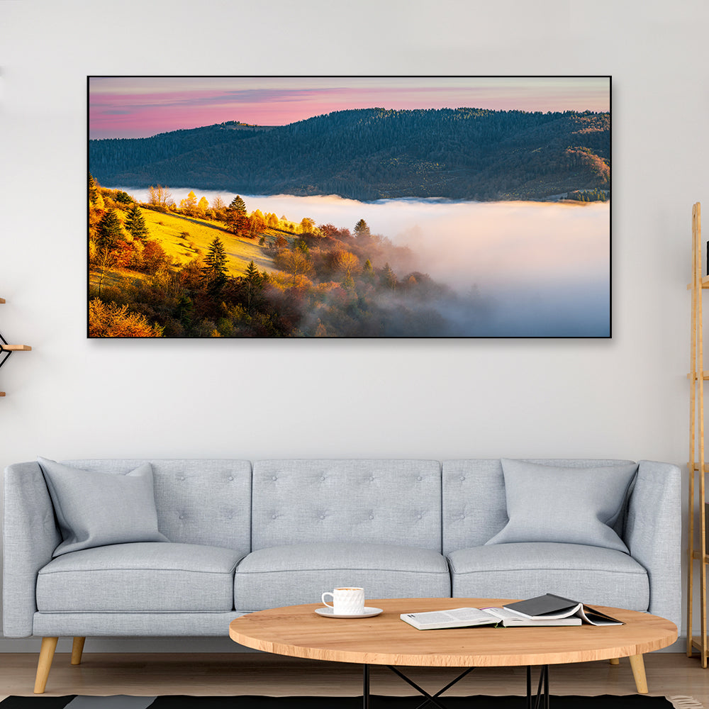 Misty mountains peek through a colorful dream canvas.