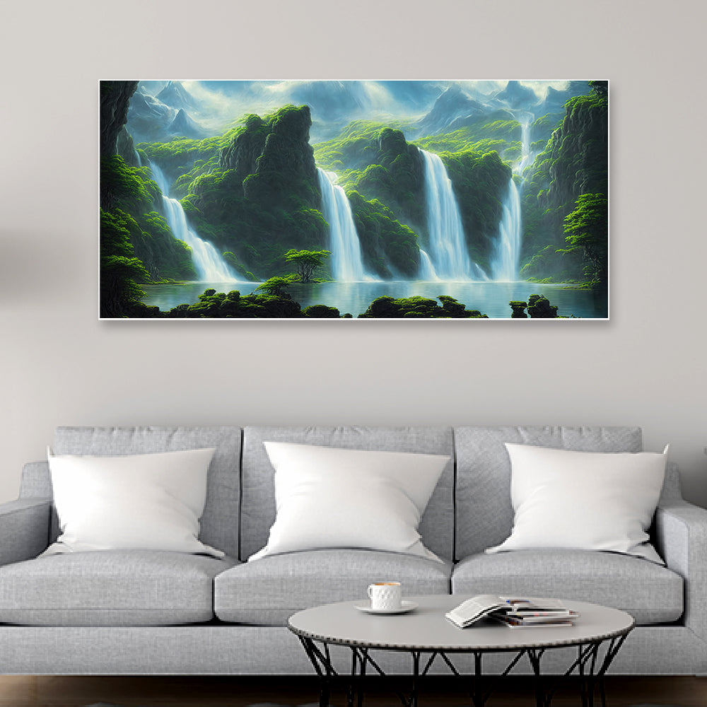 " Cascading waters meet lush mountains in a serene canvas escape."