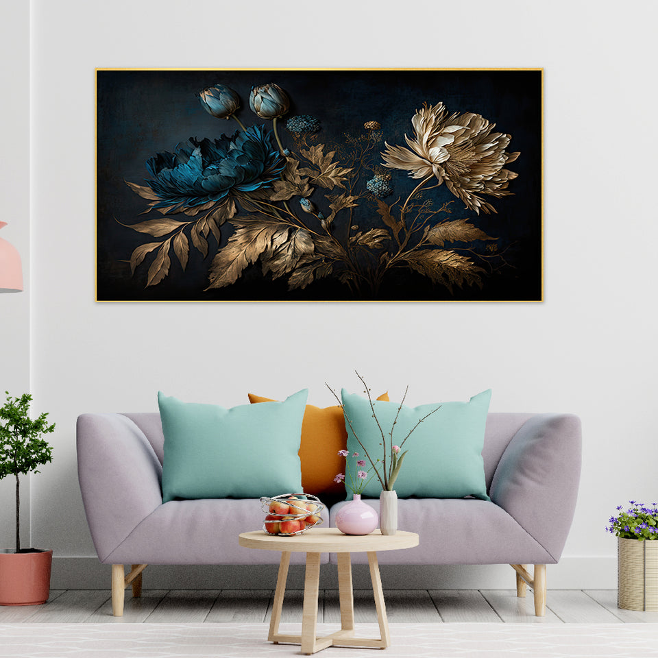 Blue and gold blooms shine in a dramatic canvas.
