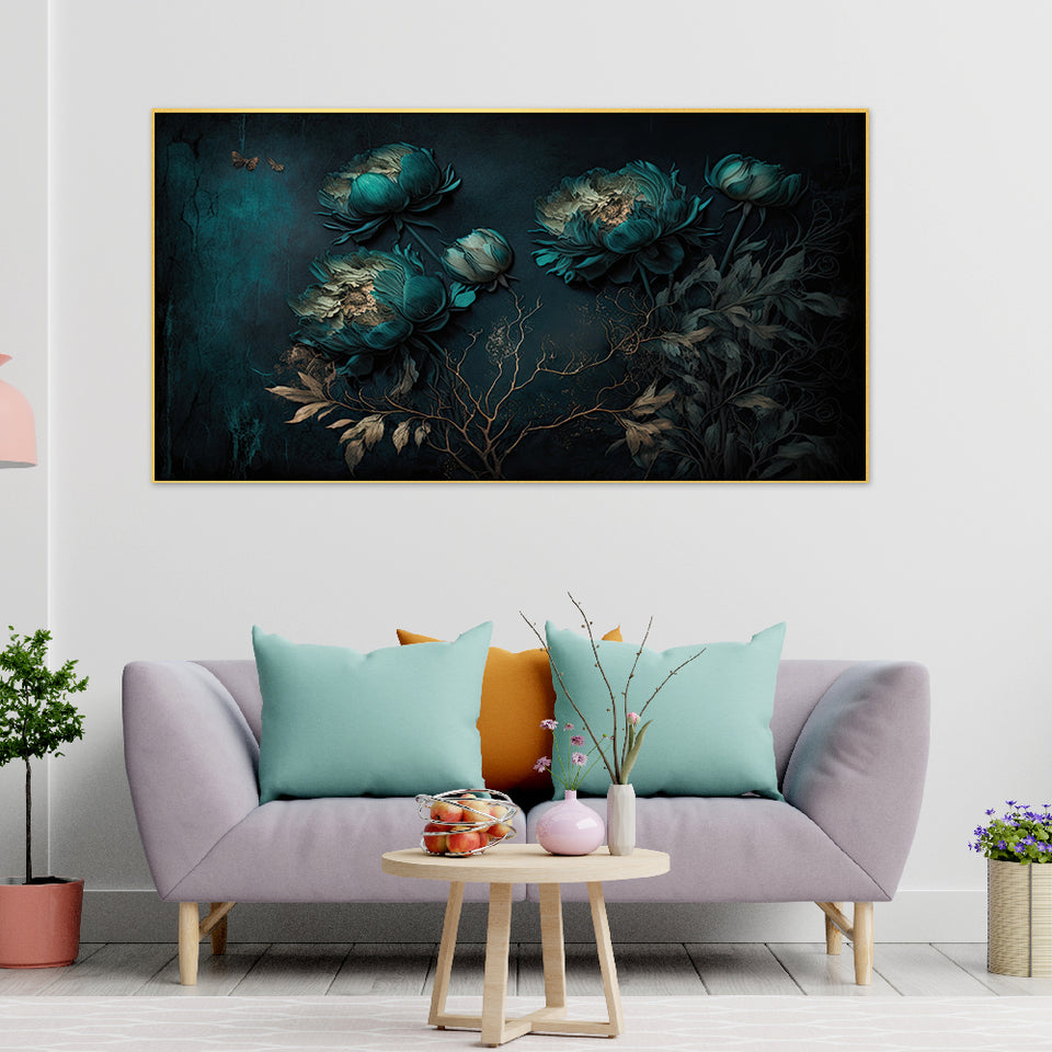Teal blooms dance in the dark captivating canvas art.