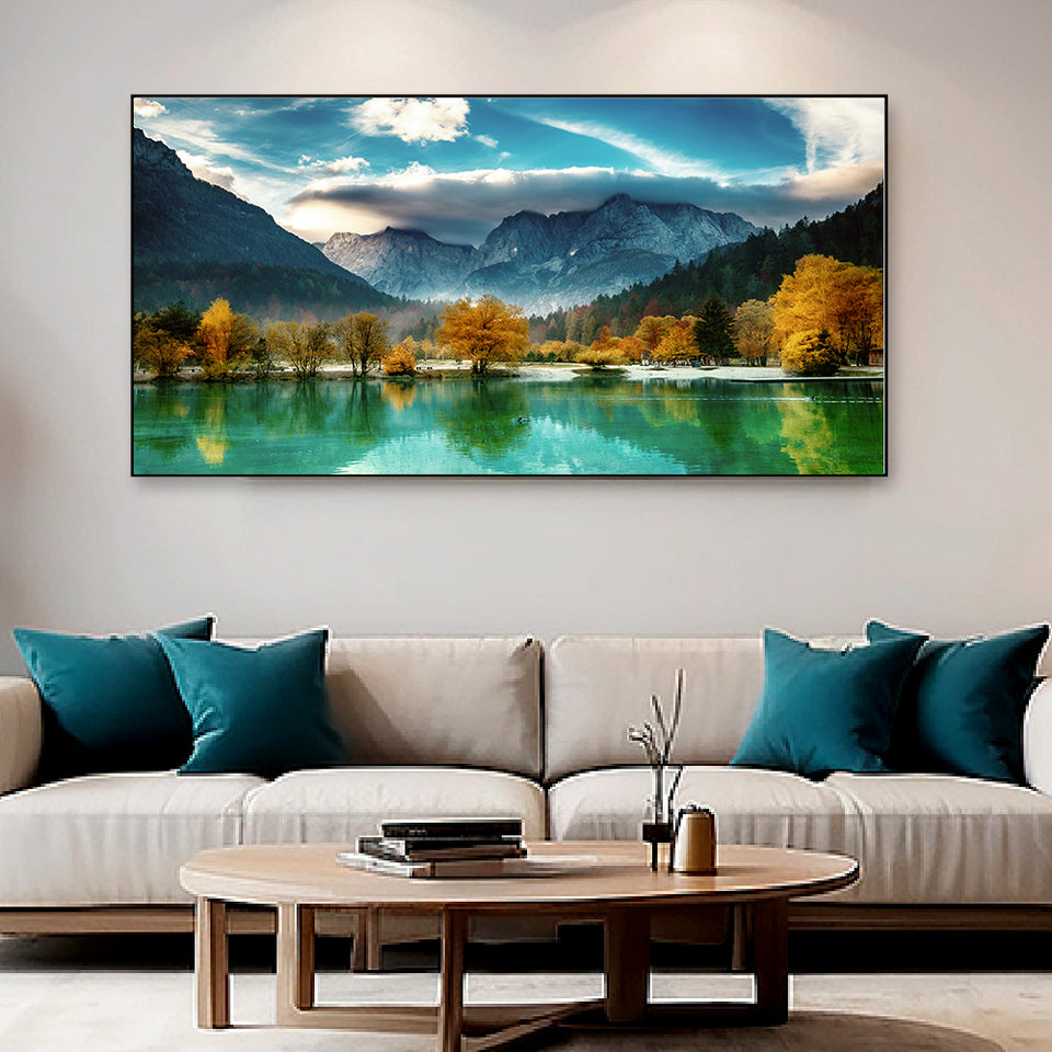 Mountain majesty mirrored in a tranquil lake canvas.