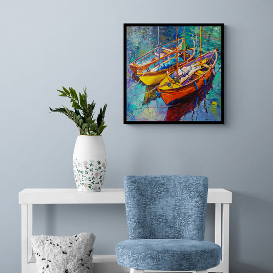 abstract painting of two boats anchored in water body from ancie