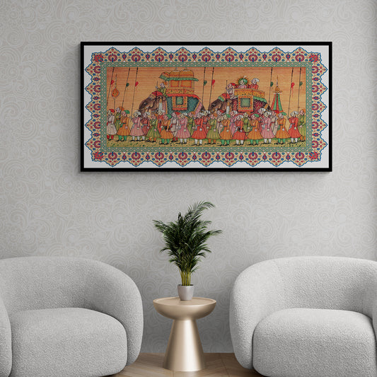 canvas mughal painting of an infantry and elephants procession