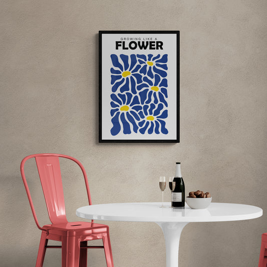 Abstract canvas of blue flowers burst with energy and joy.
