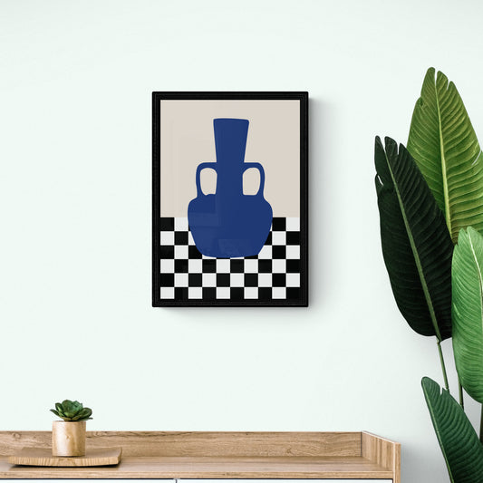 Pop Art blue vase on black and white checkered floor canvas.