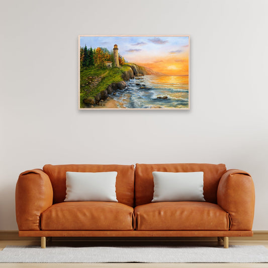 Golden sunset paints the sky as a lone lighthouse stands guard canvas painting.