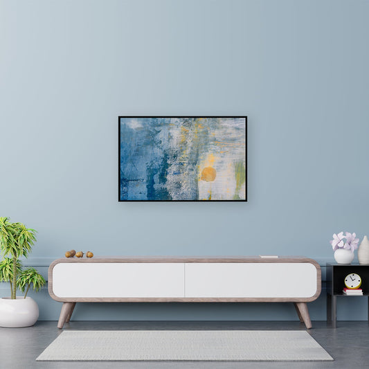 An abstract work with cool blues dance and ocean depths captured on a textured canvas.