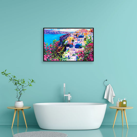 Colorful cliffside town bathed in Aegean sunshine canvas wall art.